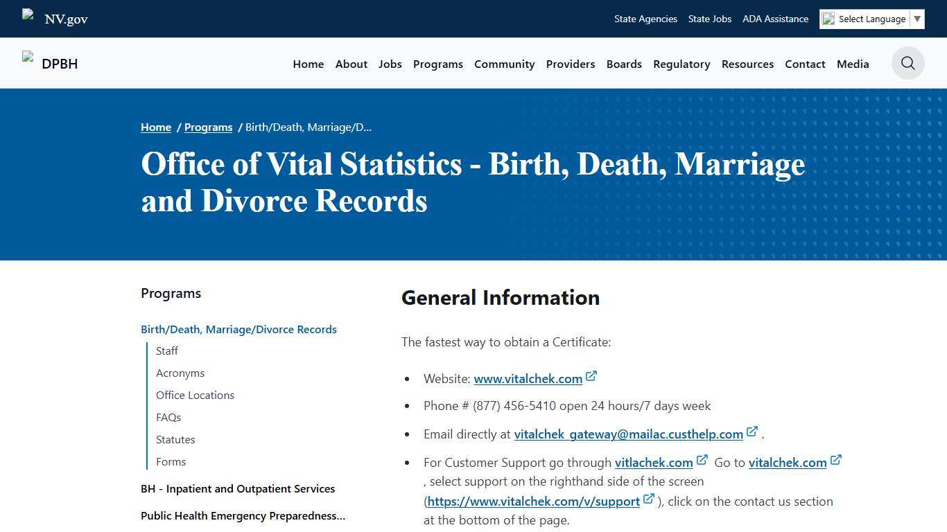 Birth/Death, Marriage/Divorce Records